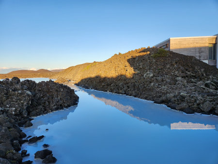 Grindavik, Iceland - September 11, 2023 - Blue Lagoon geothermal baths near Gridavik, Iceland on clear sunny afternoon.のeditorial素材