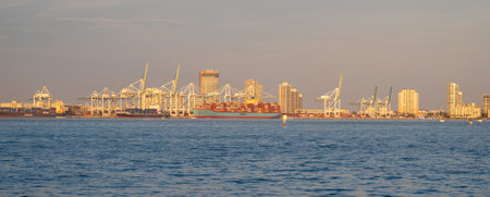 Miami, Florida - 12-27-2023 - Container vessels and gantry cranes of Port Miami in late afternoon light.のeditorial素材