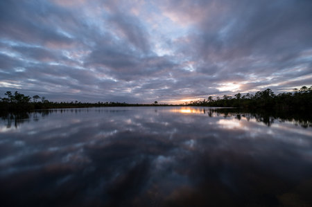 Dramatic sunset cloudscape over Pine Glades Lake in Everglades National Park., reflected in calm waterの写真素材
