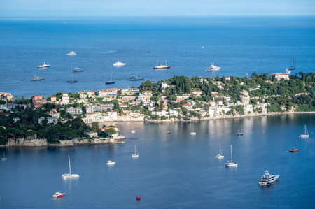 Yachts at anchor off Presquile du Cap Ferrat on French Riviera, France on sunny summer afternoon.の写真素材