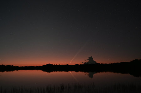 Comet Tsuchinshan-ATLAS rises in east over calm water of Nine Mile Pond in Everglades National Park, Florida in early twilight.の写真素材
