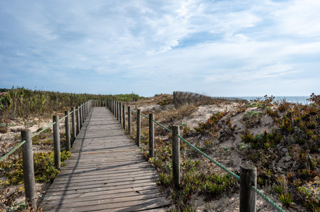 Boardwalk over dunes of Canide Beach on northern coast of Portugal in Vila Nova de Gaia under dramatic autumn cloudscape.の写真素材