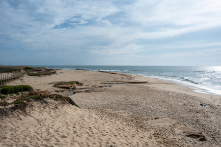 Praia de Canide, Canide Beach, on northern coast of Portugal in Vila Nova de Gaia under dramatic autumn cloudscape.の写真素材