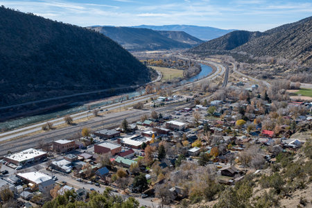 New Castle Old Town, I-70 and Colorado River from Mount hiking trail on sunny autumn afternoon.の写真素材