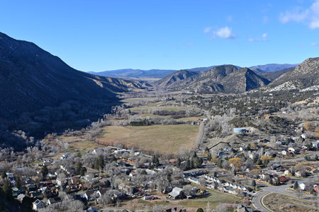 Castle Valley Ranch residential community in New Castle, Colorado from Mount Medaris Ridge Trail on sunny autumn afternoon.の写真素材