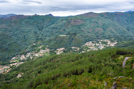 Town of Geres, Portugal in Geres Valley in Peneda-Geres National Park seen from the New Overlook of the Beautiful Rock.の写真素材