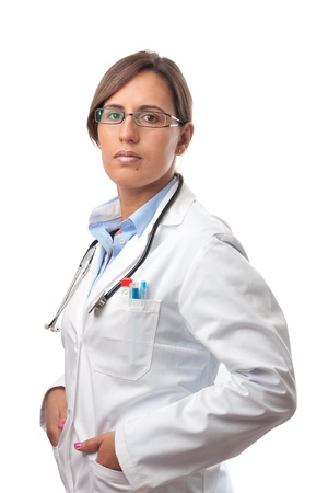 Trusty Professional Woman Doctor Standing in a Lab Coatの写真素材