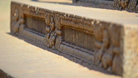 Detail  selective focus  of carved stone at Abhayagiri Monastery in Anuradhapura, Sri Lanka