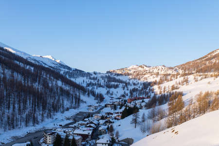 Panoramic view of Sestriere ski resort from above, famous travel destinatio in the Alps, Piedmont,...
