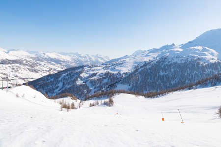 Panoramic view of Sestriere ski resort from above, famous travel destinatio in the Alps, Piedmont, Italy.の写真素材