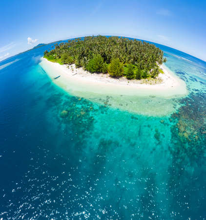 Aerial view Banyak Islands Sumatra tropical archipelago Indonesia, coral reef beach turquoise water....