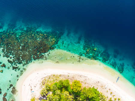 Aerial top down view Banyak Islands Sumatra tropical archipelago Indonesia, coral reef white sand beach beach turquoise water. Travel destination, diving snorkeling, uncontaminated environment ecosystemの写真素材