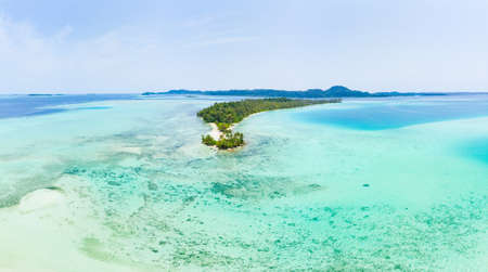 Aerial view Banyak Islands Sumatra tropical archipelago Indonesia, coral reef beach turquoise water....