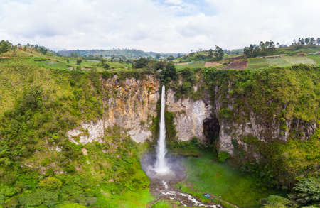 Aerial view Sipiso-piso waterfall in Sumatra, travel destination in Berastagi and Lake Toba, Indonesia. の写真素材