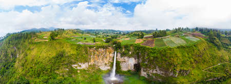 Aerial view Sipiso-piso waterfall in Sumatra, travel destination in Berastagi and Lake Toba, Indonesia. の写真素材