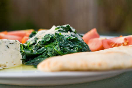 Spinach and Tomatoes shot in natural light, simple italian cuisine, selective focus on spinachの写真素材