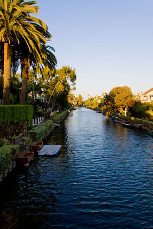 Venice Beach canals at sunset, Los Angeles, California.の写真素材