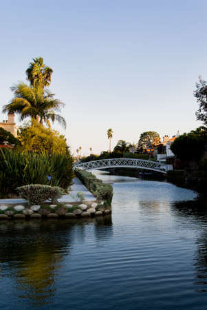 Venice Beach canals at sunset, Los Angeles, California.の写真素材