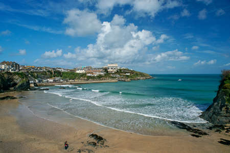 View of Newquay beach in Cornwall, England.の写真素材