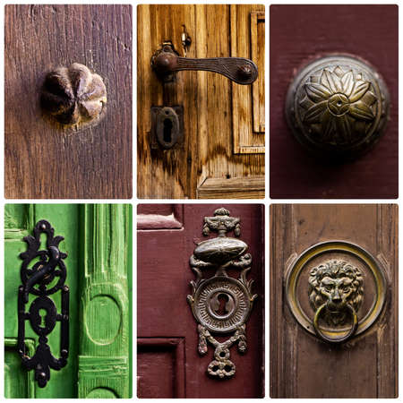 Montage of old door handles, door knobs and knocker