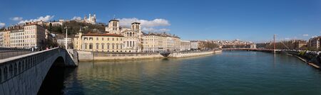 Lyon, France - March 26, 2016: Panoramic view of the old town of Lyon, the Saone river and the Bonaparte bridge.のeditorial素材