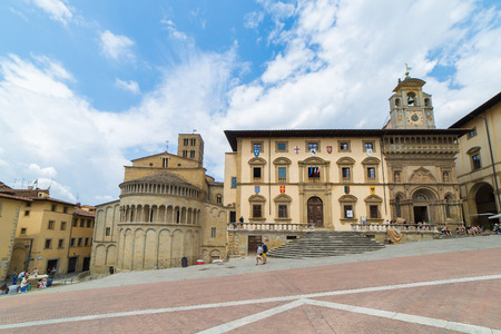 Arezzo, Italy - August 1, 2016: The Piazza Grande square, located in the old town of Arezzo, Tuscany, Italy.のeditorial素材