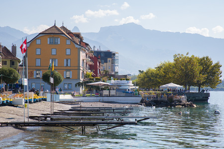 Vevey, Switzerland - September 25, 2016: The lakeside of the city of Vevey, a small city on the shores of lake Geneva.のeditorial素材