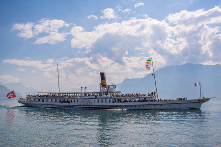 Vevey, Switzerland - September 25, 2016: The "La Suisse" passenger steamboat leaving the city of Vevey, Switzerland.のeditorial素材
