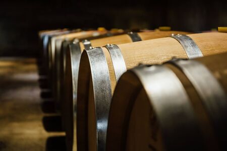 Aligned wine barrels in a cellarの写真素材