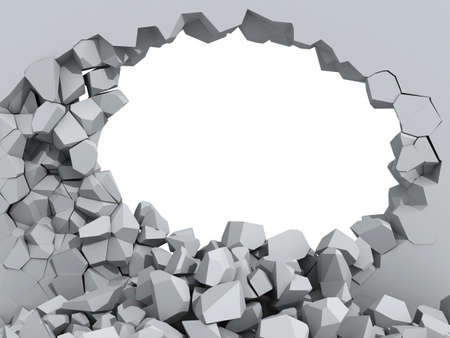 3d illustration of a crumbling concrete wall and a large hole with white copy space behind