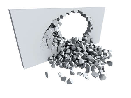 3d illustration of a crumbling concrete wall and a large hole with white copy space behindの写真素材