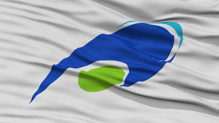 Closeup of Tsu Mie Flag, Capital of Japan Prefecture, Waving in the Wind, High Resolutionの写真素材