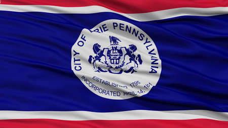 Closeup of Erie Flag Flag, Waving in the Wind, Pennsylvania State, United States of Americaの写真素材