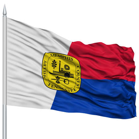 Memphis City Flag on Flagpole, Tennessee State, Flying in the Wind, Isolated on White Backgroundの写真素材