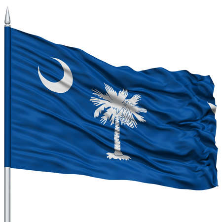 Isolated South Carolina Flag on Flagpole, USA state, Flying in the Wind, Isolated on White...