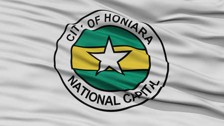 Closeup Honiara City Flag, Capital City of Solomon Islands, Waving in the Windの写真素材