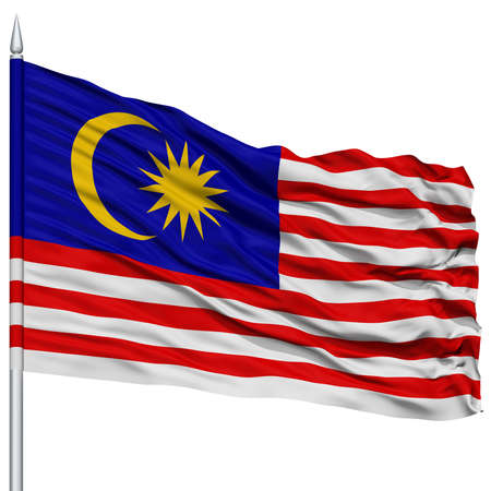 Malaysia Flag on Flagpole , Flying in the Wind, Isolated on White Backgroundの写真素材