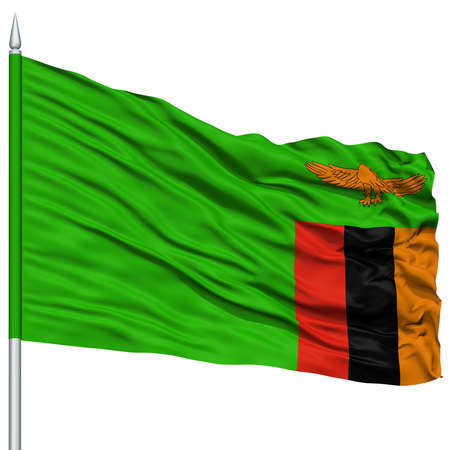 Zambia Flag on Flagpole , Flying in the Wind, Isolated on White Backgroundの写真素材