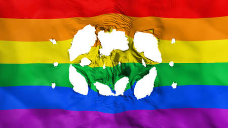 Holes in Gay rainbow flag, white background, 3d renderingの写真素材