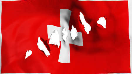 Cetinje, capital of Montenegro flag perforated, bullet holes, white background, 3d renderingの写真素材