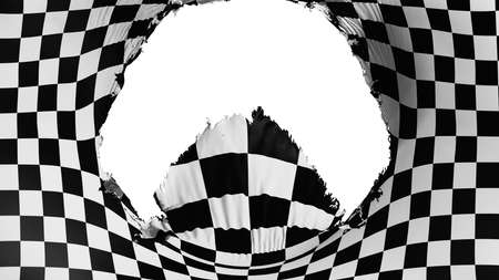 Big hole in Checkered flag, white background, 3d renderingの写真素材