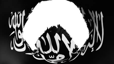 Big hole in Black Jihad flag, white background, 3d renderingの写真素材