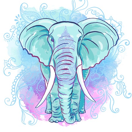 Vector Indian Elephant on the Watercolor Blotのイラスト素材