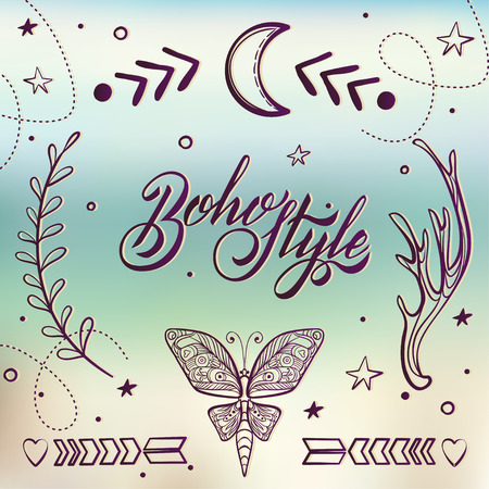 Vector Set of Boho Style Elements. Lettering Calligraphy text. Tattoo template. Trendy hand drawn tribal Gypsy symbol collection.のイラスト素材