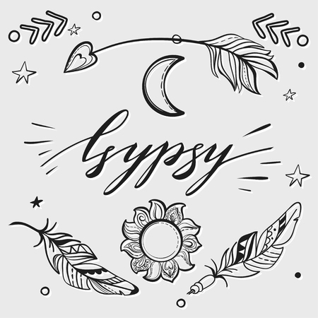 Vector Set of Boho Style Elements. Lettering Calligraphy text. Tattoo template. Trendy hand drawn tribal Gypsy symbol collection.のイラスト素材