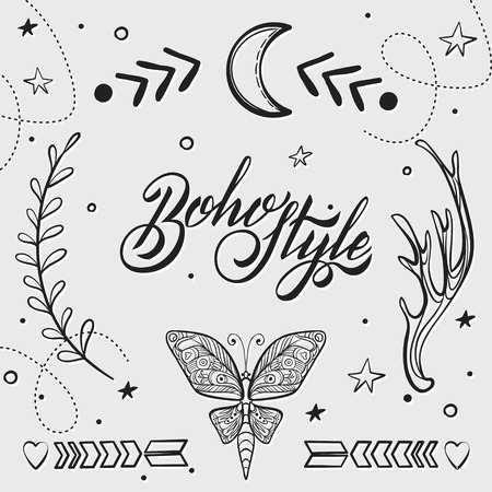 Vector Set of Boho Style Elements. Lettering Calligraphy text. Tattoo template. Trendy hand drawn tribal Gypsy symbol collection.のイラスト素材