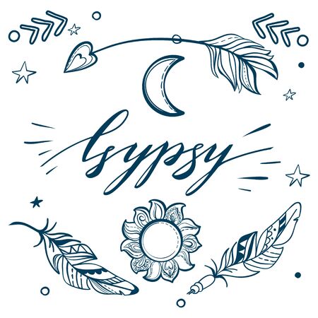 Vector Set of Boho Style Elements. Lettering Calligraphy text. Tattoo template. Trendy hand drawn tribal Gypsy symbol collection.の写真素材