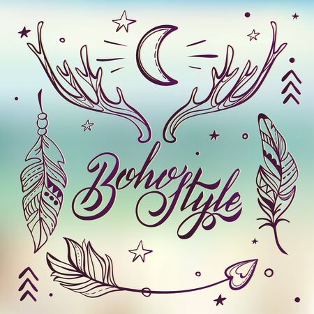 Vector Set of Boho Style Elements. Lettering Calligraphy text. Tattoo template. Trendy hand drawn tribal Gypsy symbol collection.の写真素材