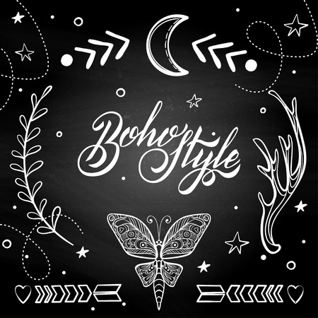 Vector Set of Boho Style Elements. Lettering Calligraphy text. Tattoo template. Trendy hand drawn tribal Gypsy symbol collection.の写真素材
