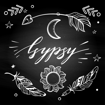 Vector Set of Boho Style Elements. Lettering Calligraphy text. Tattoo template. Trendy hand drawn tribal Gypsy symbol collection.の写真素材